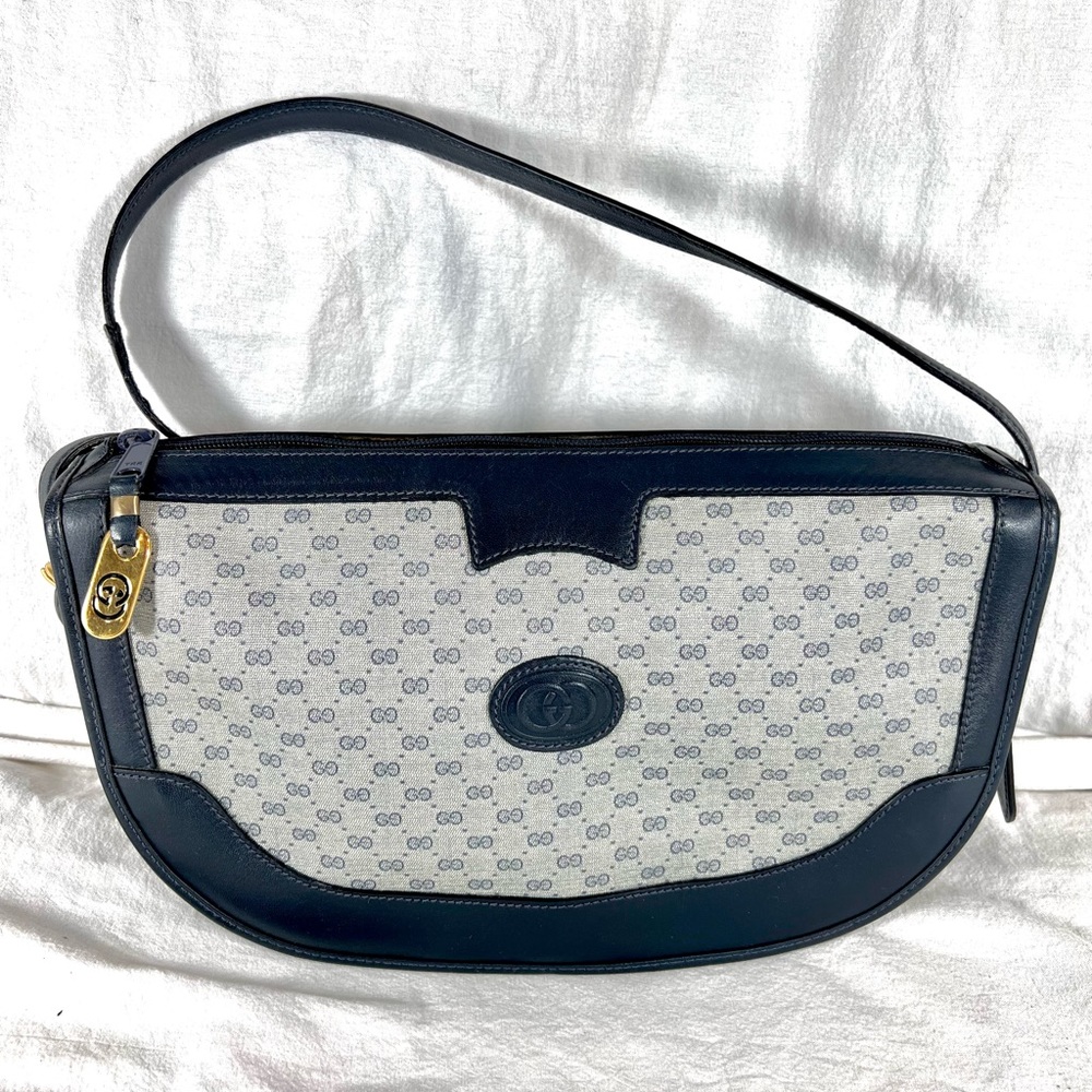 GUCCI Authentic Navy Blue Leather and Canvas Crossbody Shoulder Bag